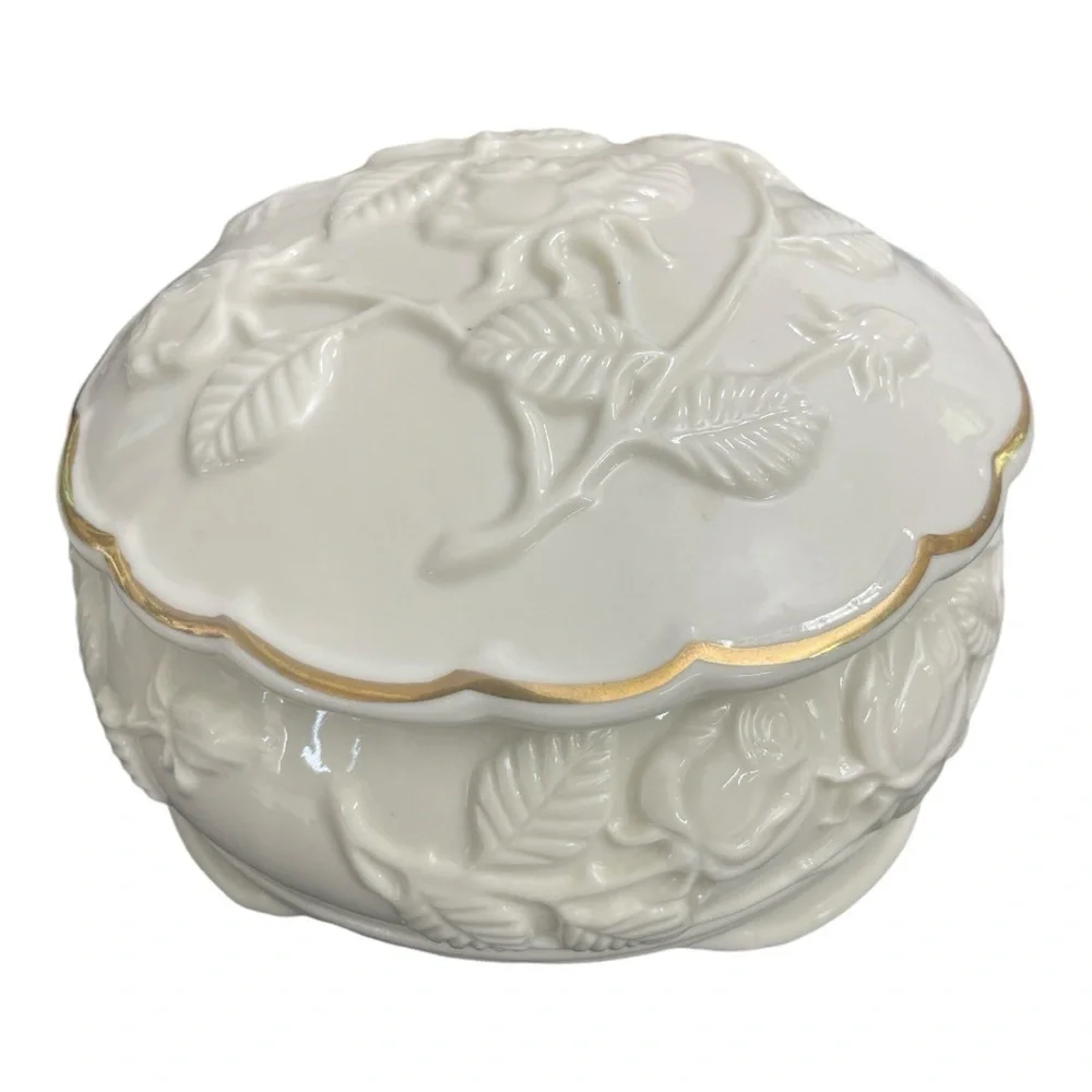Bisque Porcelain Raised Rose Pattern Gold Trimmed Storage Box Footed